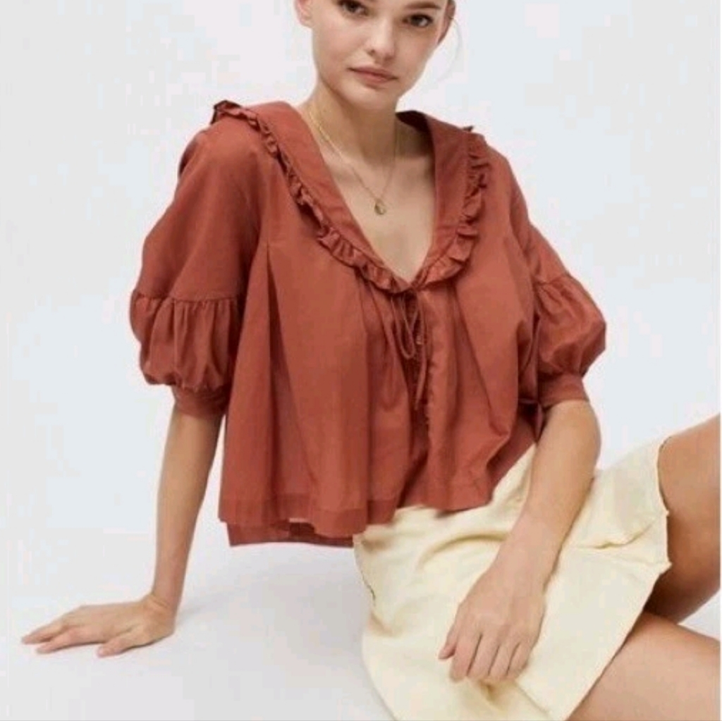 Urban Outfitters Fiona Collared Babydoll Crop Blouse Small Y2k / Boho / Warm
